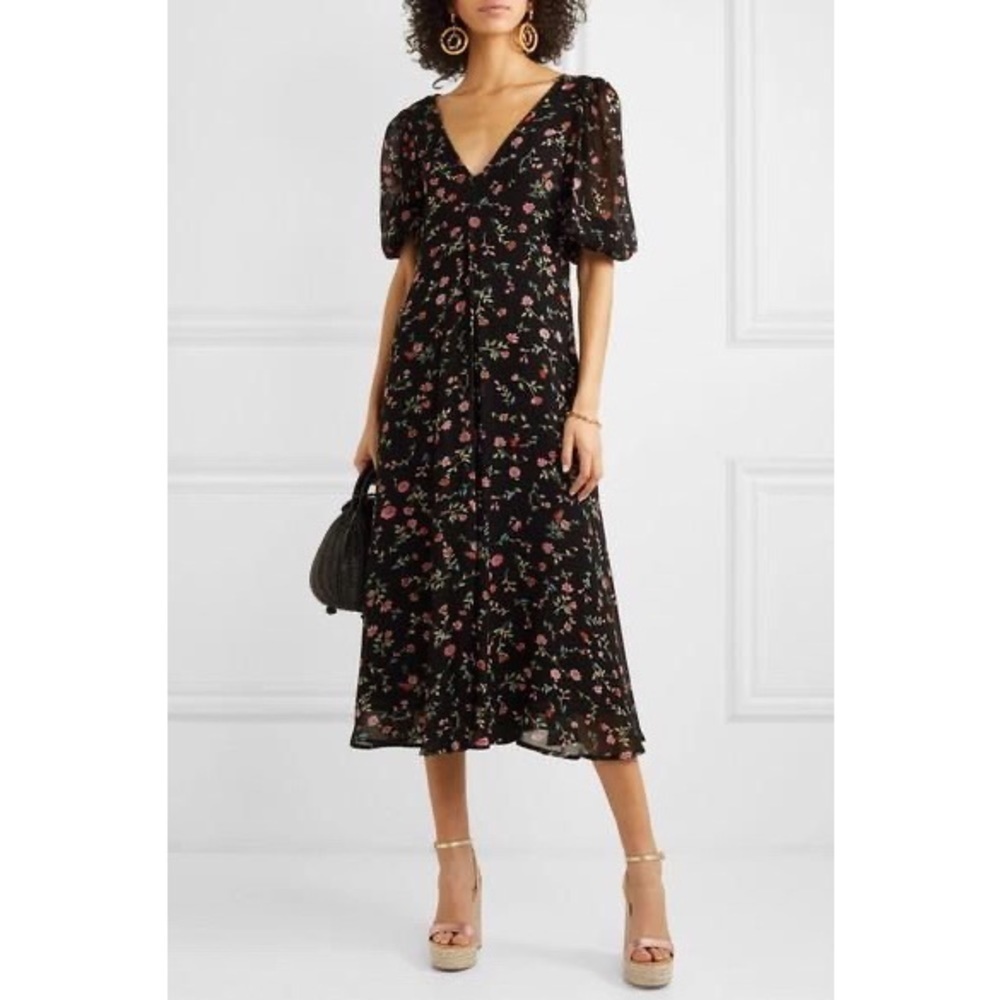 GANNI Elm Georgette Midi Dress Black/Pink Floral Size 2